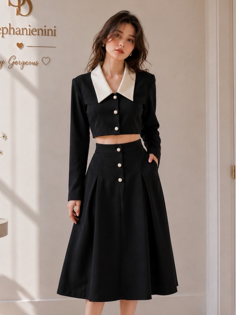 Women’s Black & Ivory Collared Crop Jacket & Midi Skirt 2-Piece Set